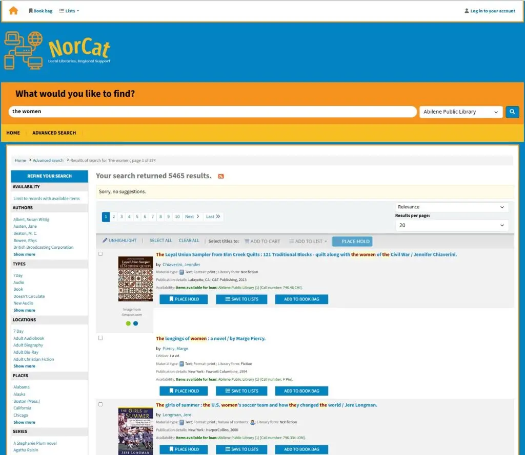 KOHA search results screen